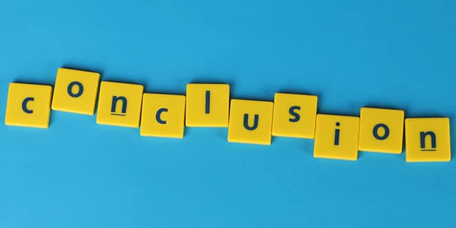 The word conclusion spelled out in yellow letters on a blue background.