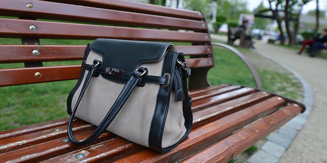 A bag sits on a bench in a park.