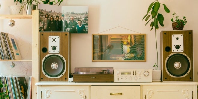 A room with a record player, speakers and a plant.