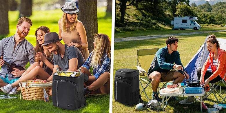 Two pictures of people enjoying a picnic in a park with the assistance of a LYPULY Cooler Backpack.
