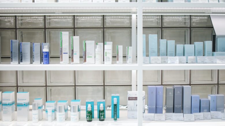 A shelf full of skincare and beauty products in a store.